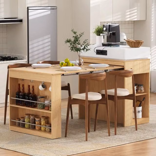 Tavolo allungabile con ripiano ribaltabile, prese elettriche e vani contenitore per cucina e sala da pranzo in MDF e vetro naturale