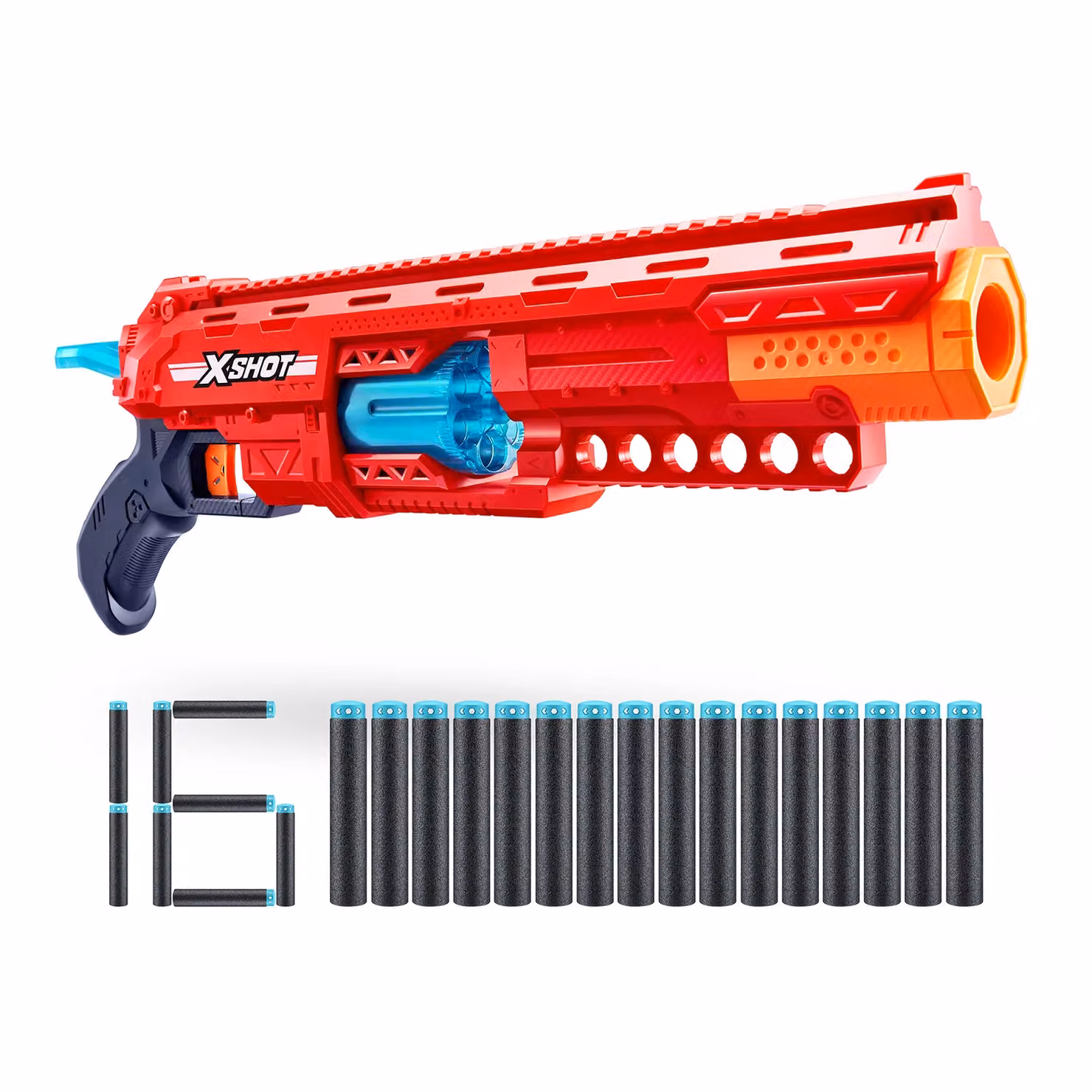 ZURU XShot Excel Caliber Blaster con 16 dardi in plastica e gommapiuma, colori rosso, arancione e blu – 1