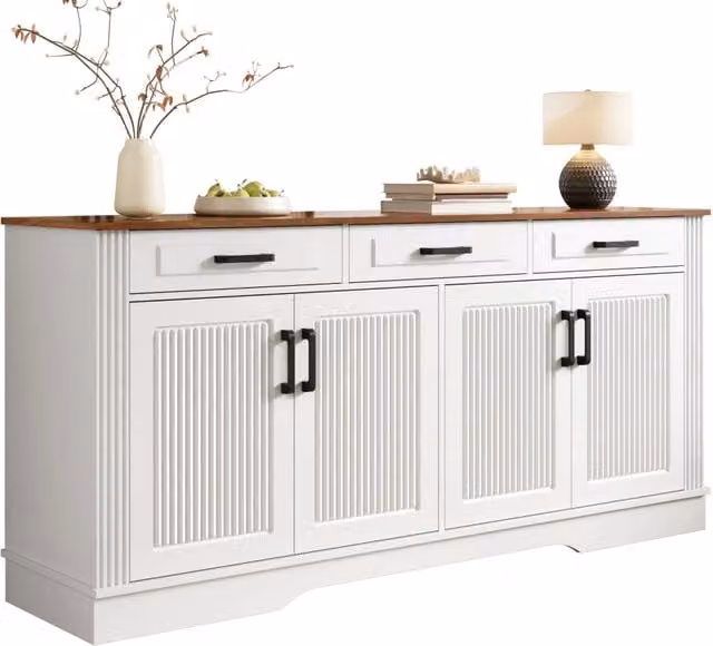 Mobile soggiorno e ingresso, 4 ante e 3 cassetti, design a strisce verticali 3D, struttura in MDF