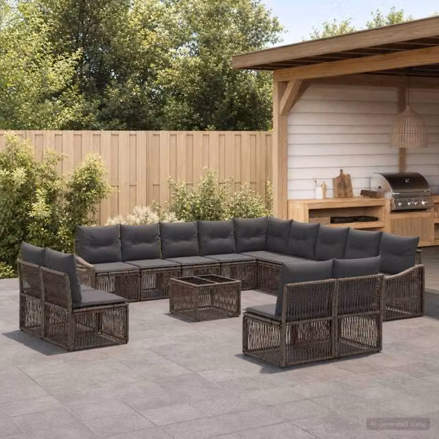 Set Divano da Giardino vidaXL a forma a U in Polyrattan Grigio con Tavolino e Cuscini – 1