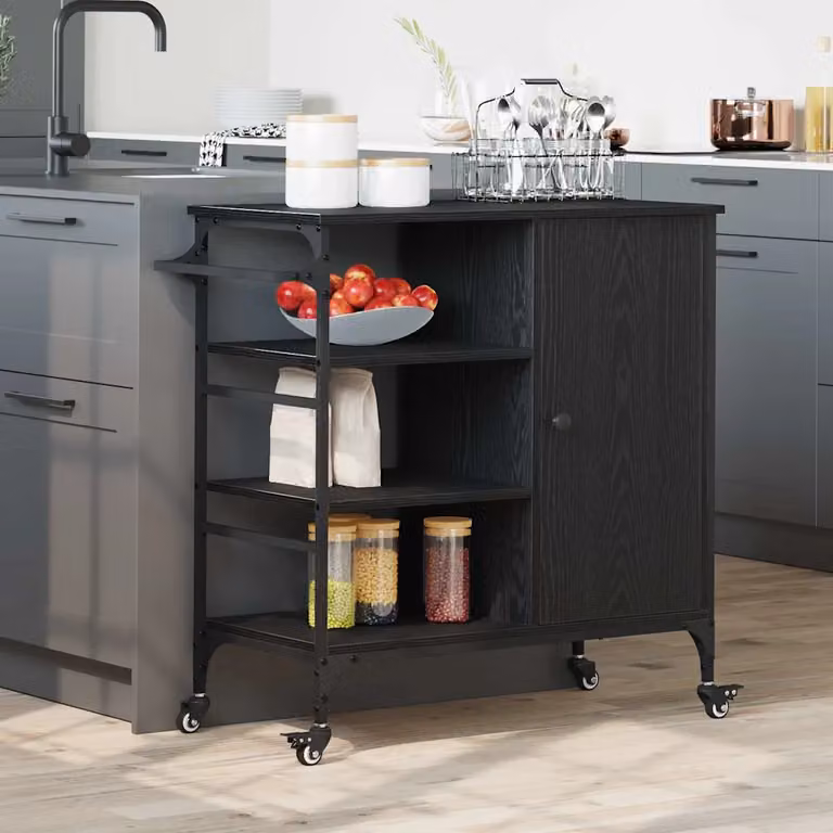 vidaXL Carrello da Cucina Moderno in Legno Nero con Ruote L 87,5 x P 39 x H 84,5 cm