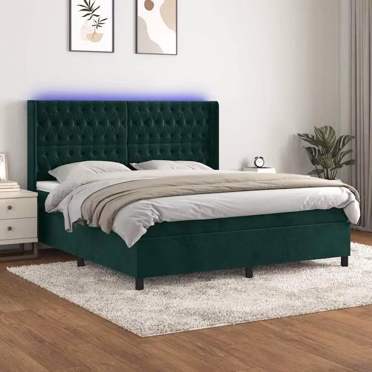 Letto Ibrido con Materasso a Molle Insacchettate e Illuminazione LED vidaXL in Velluto Verde Scuro L: 180 cm, P: 200 cm