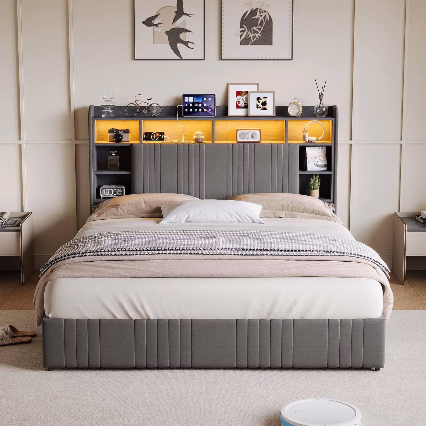 Letto imbottito ProximaX 140x200 cm con porte USB e prese di corrente, letto matrimoniale per ragazzi con 4 cassetti, letto contenitore in legno massello con luci a LED e rete a doghe, lino, grigio