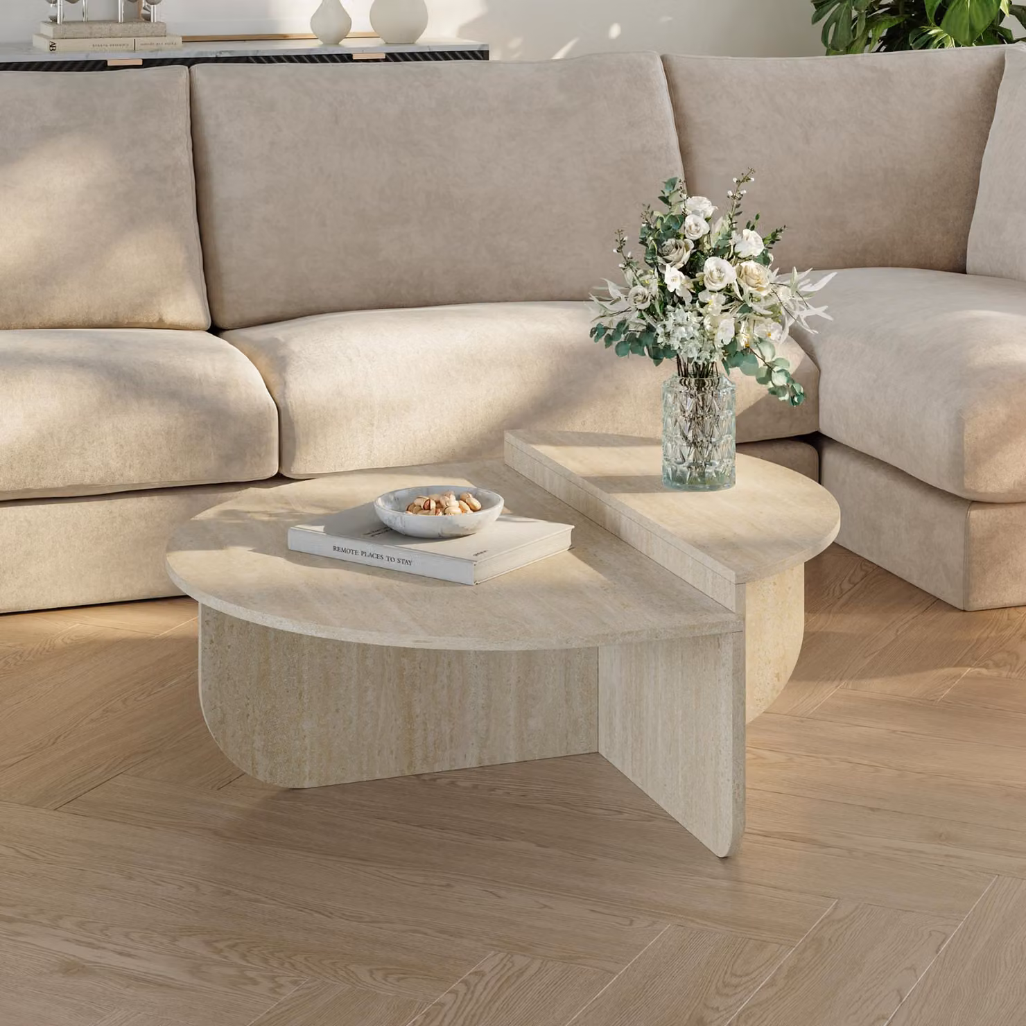 Tavolino 'Tondesdaslo' con doppio piano semicircolare 90 x 90 x 35 cm Travertino