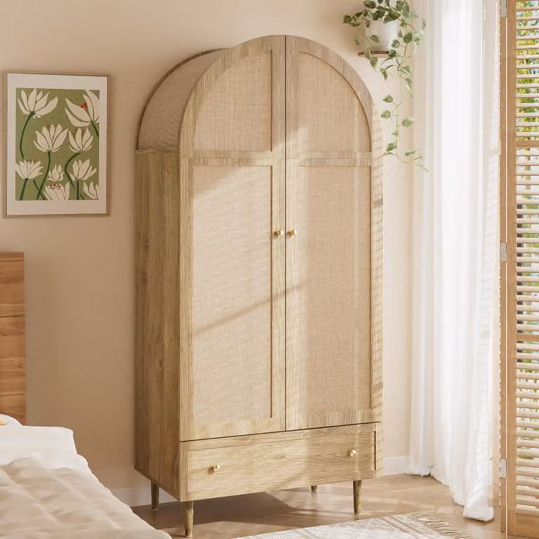 AIORBER Armadio moderno con cassetti, ante in legno rivestite in tessuto, ampio spazio di archiviazione e appendiabiti per la camera da letto