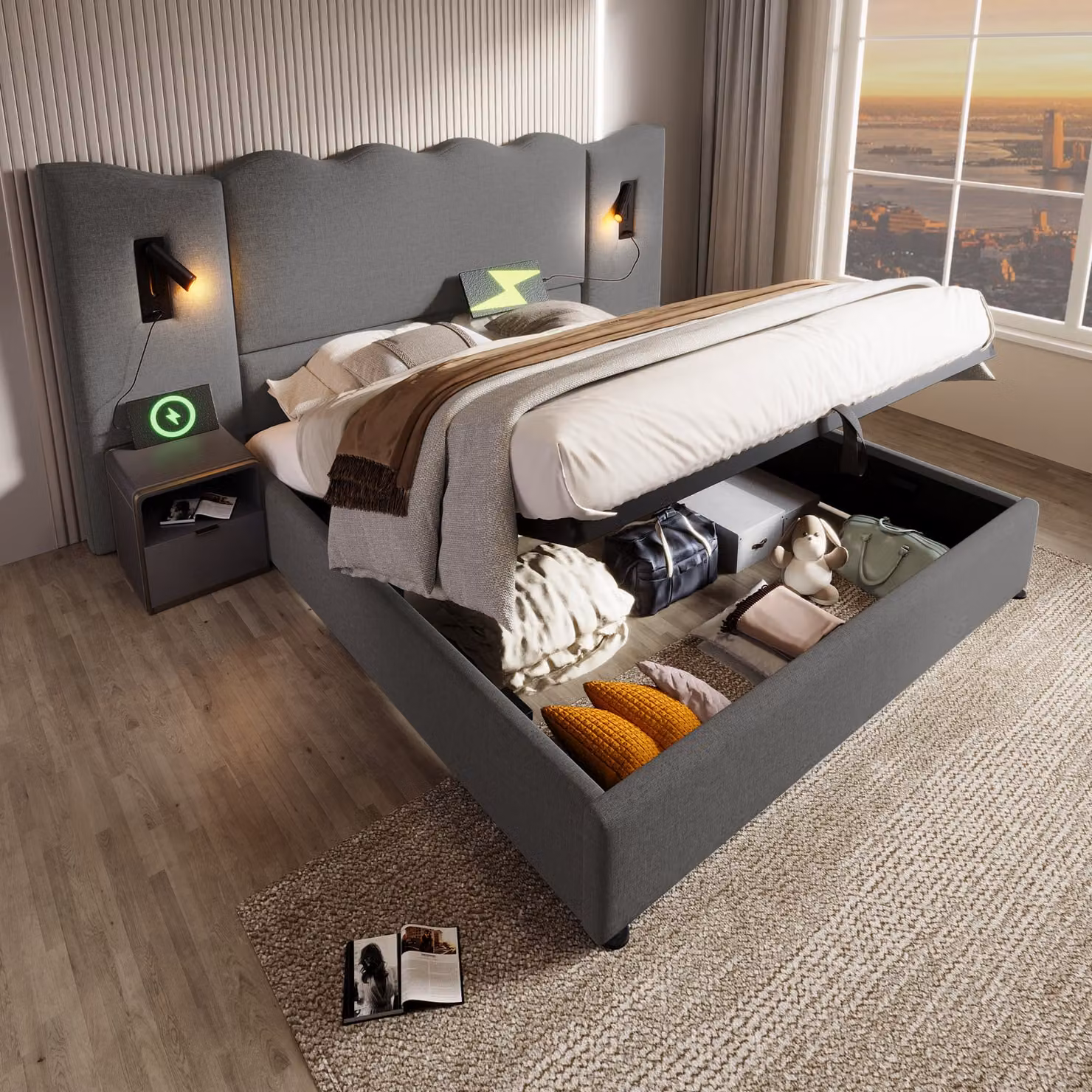 Letto imbottito STILVORA matrimoniale 160×200 cm con lampada da lettura e funzione di ricarica USB Type-C, letto con contenitore dotato di rete a doghe in legno massello e metallo, colore lino, grigio (materasso escluso)