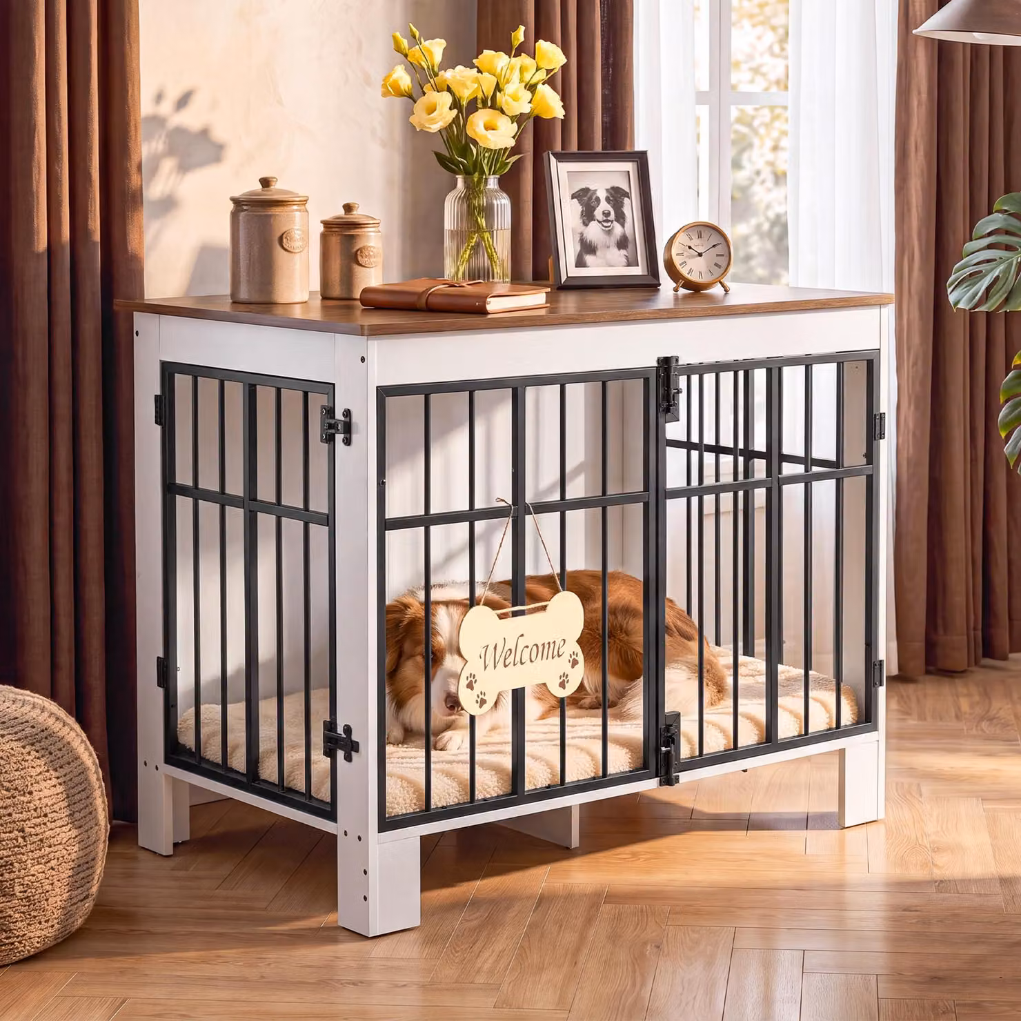 Gabbia per cani DWVO, design a 2 porte, aspetto legno, dimensioni 85 x 55 x 70 cm