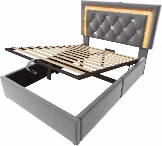 Letto singolo imbottito 90x200 cm in velluto grigio con doghe, luce LED integrata, porte di ricarica USB e Type-C, box contenitore idraulico