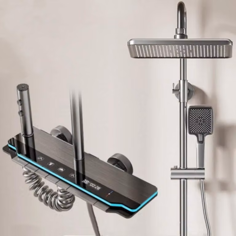 Set doccia per bagno - Miscelatore per doccia - Display digitale della temperatura - Doccia a pioggia con LED - Altezza regolabile - Soffione quadrato - Miscelatore in acciaio inossidabile per acqua calda/fredda - Grigio