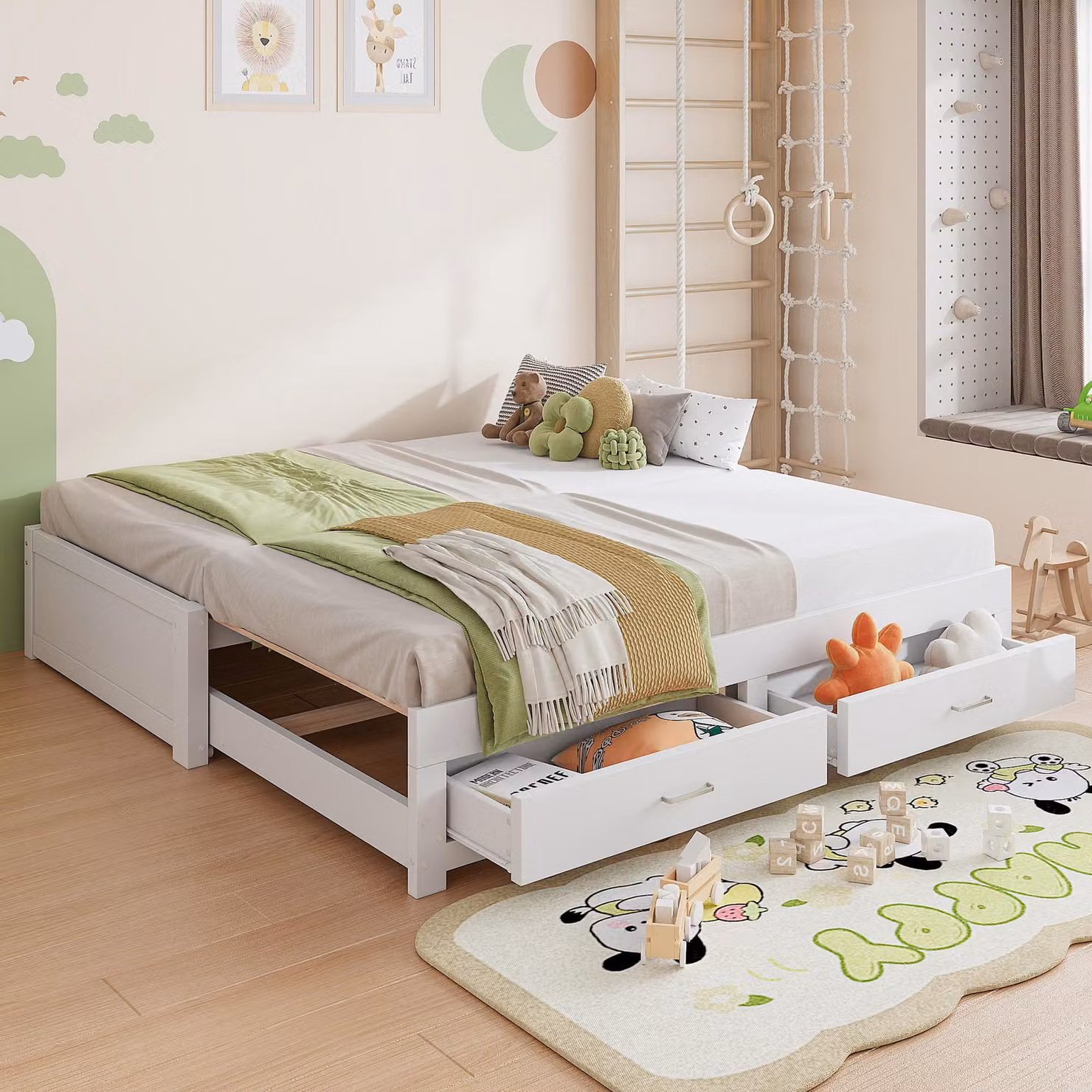 Letto per bambini okwish 90/180×190 con letto a estensione, divano letto con due cassetti, letto in legno bianco, senza materasso