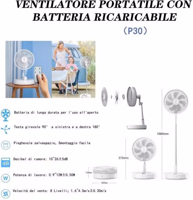 Ventilatore Portatile con Batteria Ricaricabile Trade Shop P30 Design Pieghevole Salvaspazio Bianco