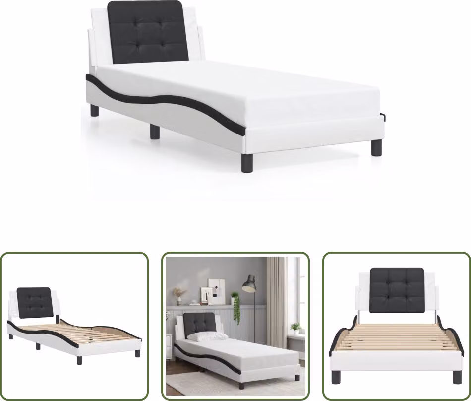 The Living Store Struttura letto con testiera bianca e nera 90x190 cm in ecopelle