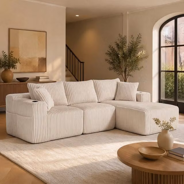 Divano modulare con chaise longue e 2 posti; velluto a coste beige; 5 cuscini; 257 × 90–160 × 62 cm