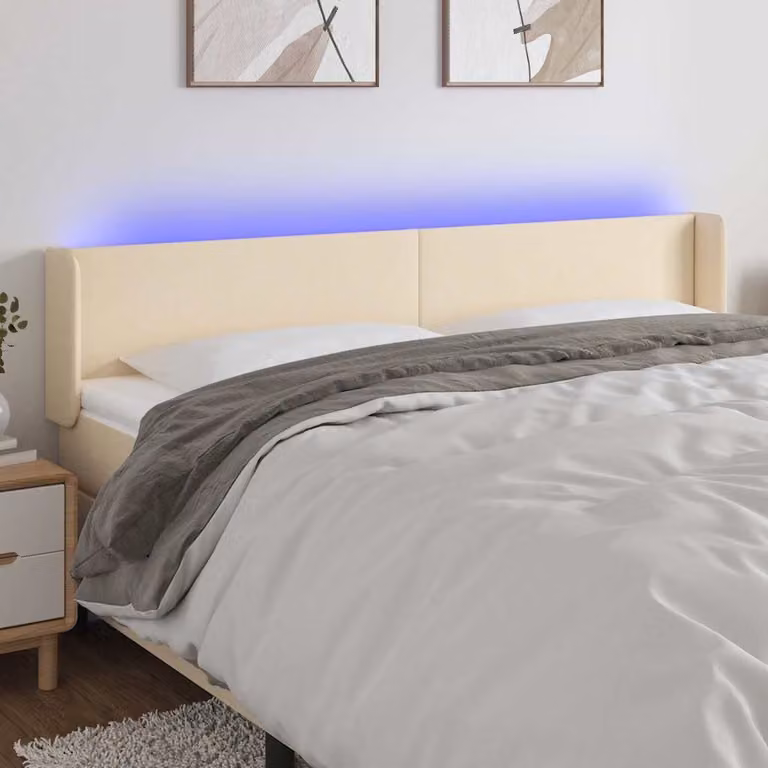 Testiera per letto vidaXL in tessuto beige con illuminazione LED integrata e porta di ricarica USB, L 163 x P 16 x H 78/88 cm