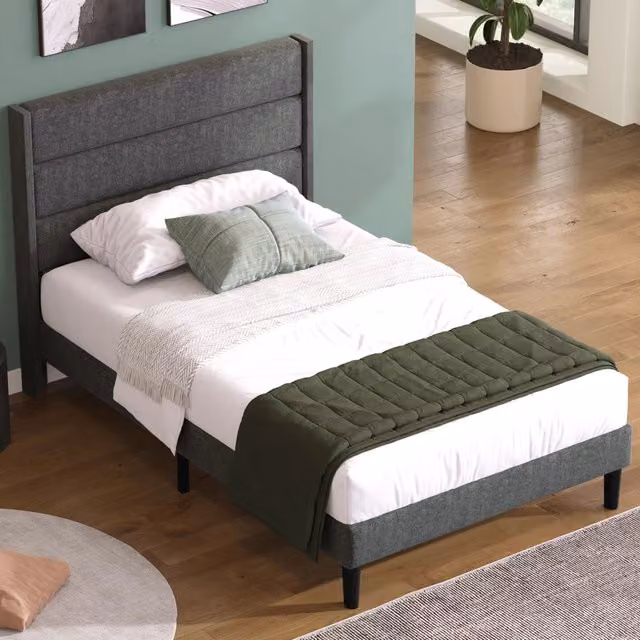 Letto imbottito Mivray con rete a doghe e testiera in tessuto grigio L/P: 90 x 200 cm