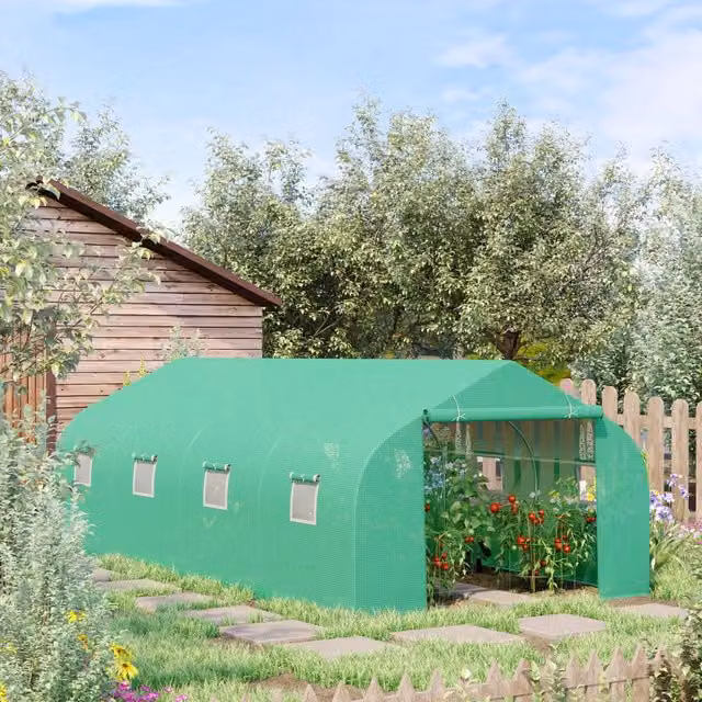 Serra da giardino con tetto a doppia falda e copertura protettiva verde in acciaio zincato e plastica, L: 595 cm, P: 300 cm, H: 200 cm