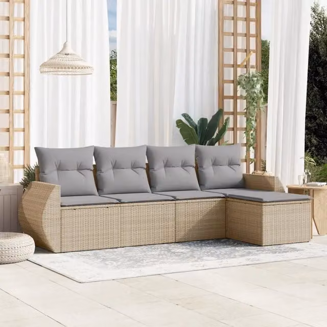 Set Divano da Giardino 5 pz con Cuscini-Sofa da Giardino-Divanetto da esterno Beige in Polyrattan 582317