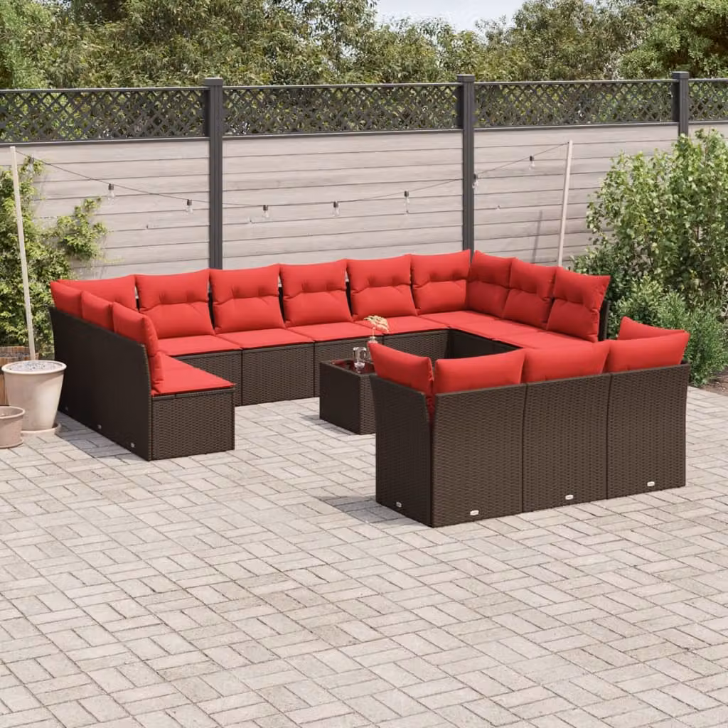 Set di divani da giardino vidaXL 14 pezzi con cuscini in polyrattan marrone