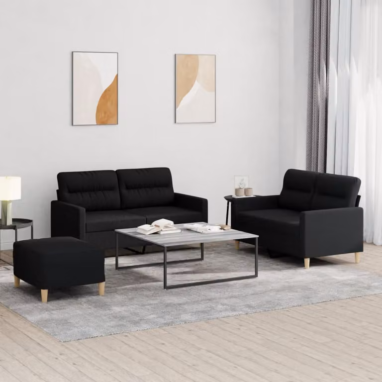 Set di divani 3 pezzi vidaXL in tessuto nero con cuscini per soggiorno in stile moderno
