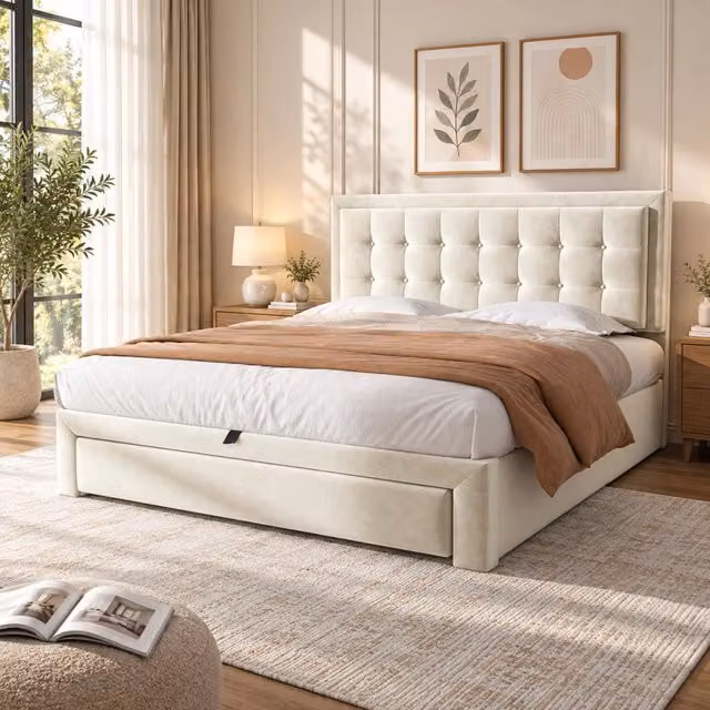 Letto contenitore imbottito 140 x 200 cm; contenitore con sollevamento idraulico; 2 cassetti; testiera; rete a doghe in legno; velluto; beige