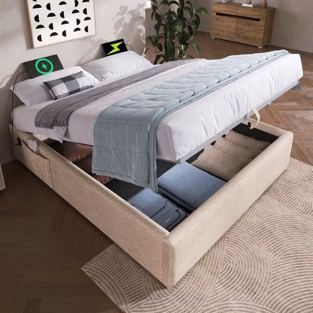 Letto imbottito matrimoniale ¨C Minimal ¨C 140x200 cm in lino con rete a doghe senza testiera