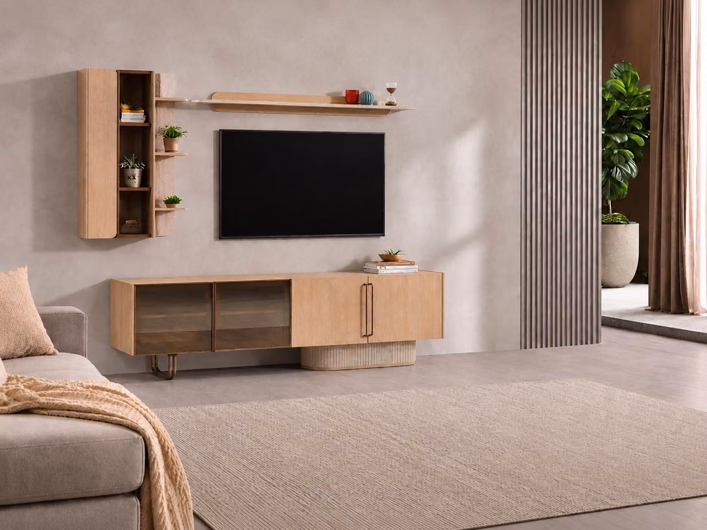Set moderno per soggiorno con mobile TV basso e 2 mensole da parete di design