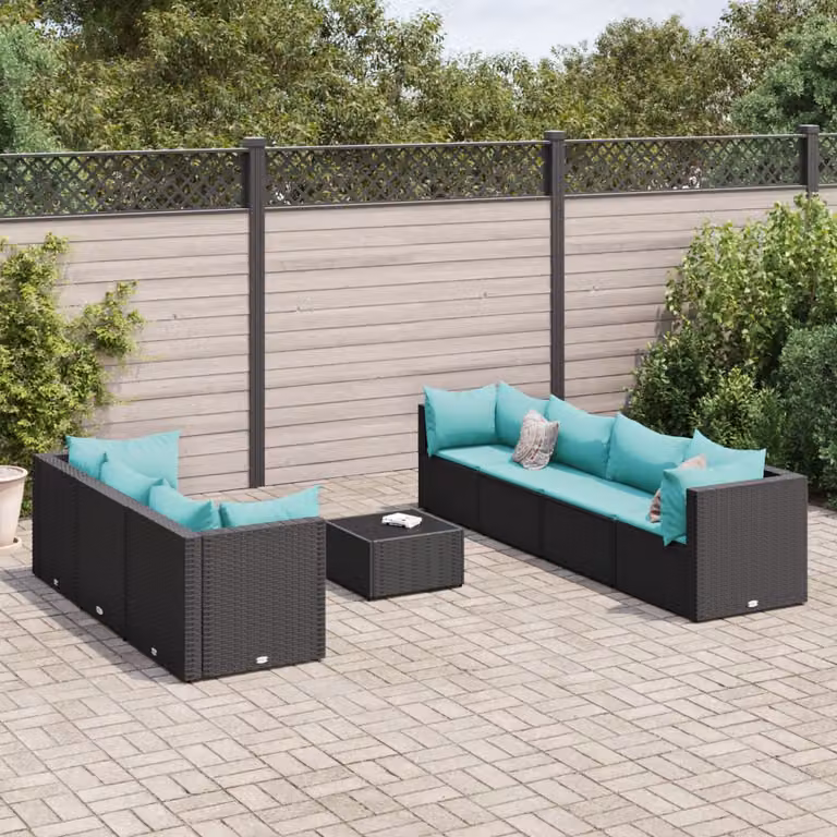 Set da giardino vidaXL a forma di L con 8 pezzi, polyrattan nero e cuscini blu con struttura in acciaio e tavolo da caffè in vetro