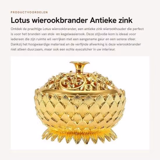 Dailygoods - Bruciatore di incenso a forma di loto - Porta incenso in zinco antico - Design sostenibile - Oro - Adatto per incensi in bastoncino e cono - Perfetto per la meditazione - Compatto per...