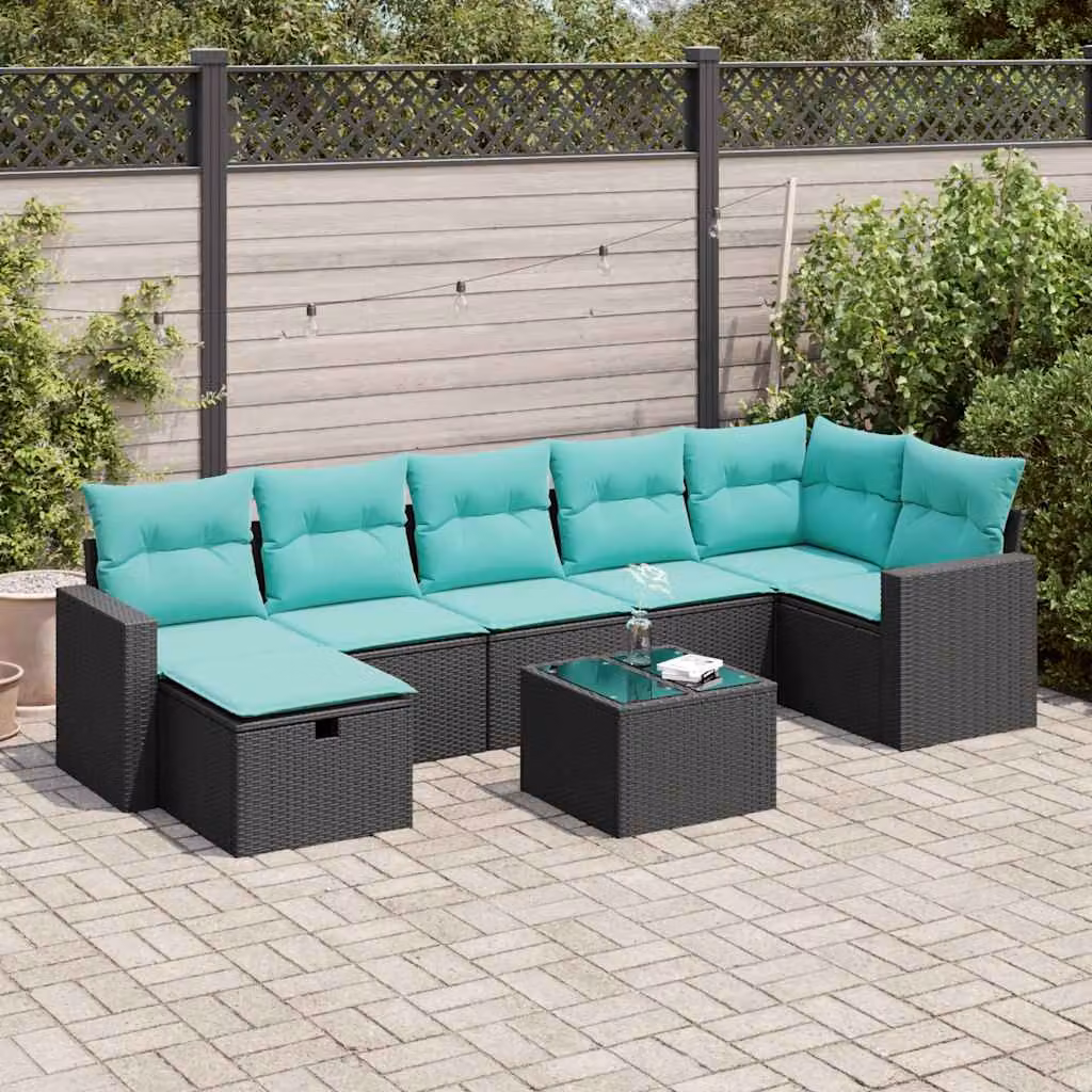 Set Divani da Giardino a L vidaXL in Polyrattan Nero con 8 Cuscini e Tavolino da Esterno