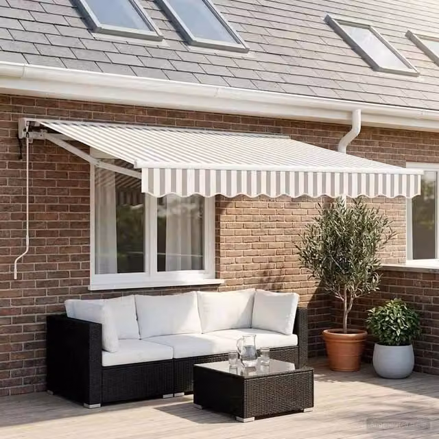 Tettuccio elettrico retrattile Videx con bracci pieghevoli in alluminio e tessuto in poliestere, Grigio chiaro e bianco, L: 329 cm, P: 250 cm – 1
