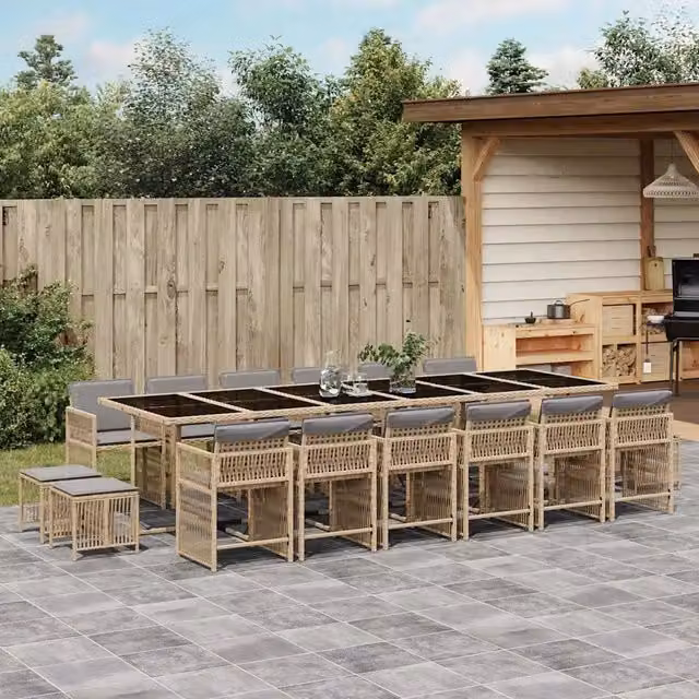 Set Pranzo da Giardino vidaXL in Polyrattan con Cuscini Beige e Grigio e Tavolo in Vetro, 17 Pezzi – 1