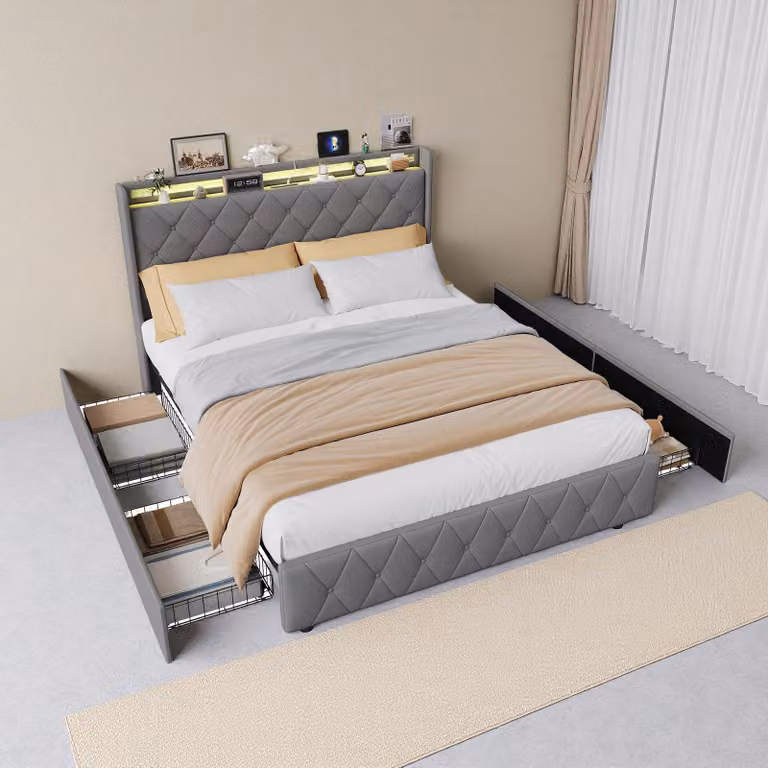 Letto imbottito ProximaX 160x200 cm con stazione di ricarica USB/Type-C, letto matrimoniale per ragazzi con 4 cassetti, letto contenitore in legno massello con LED e rete a doghe, velluto, grigio