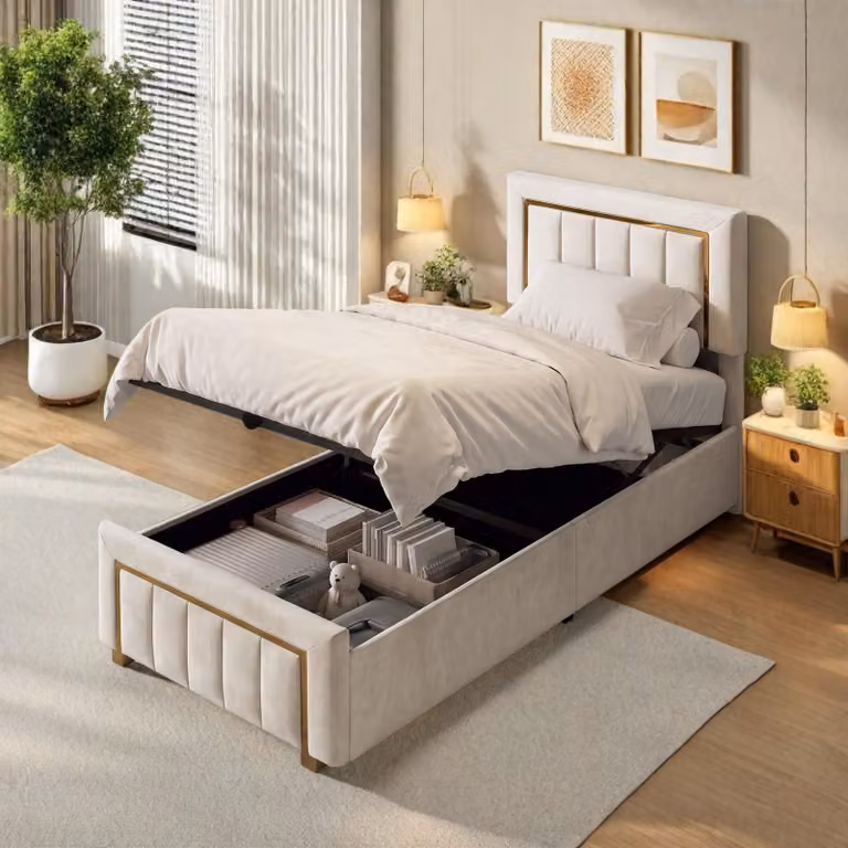 Letto imbottito 90x200, letto per ragazzi con LED e USB, struttura del letto con rete a doghe e spazio contenitore, letto a molle con contenitore, beige in velluto, senza materasso