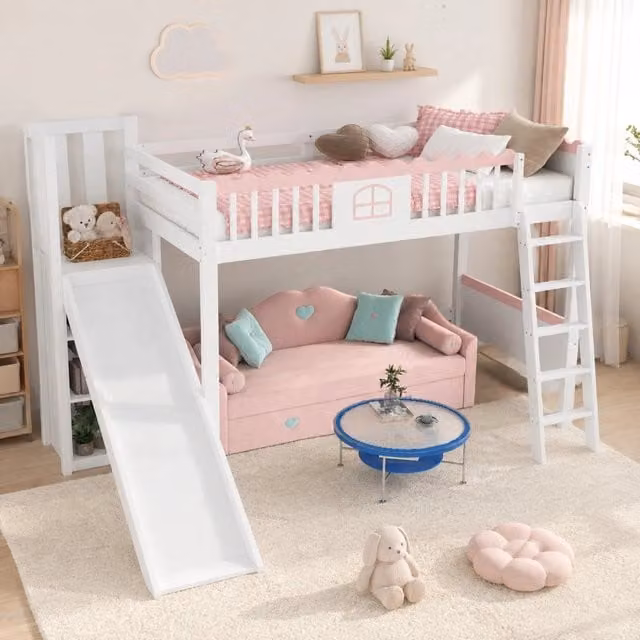 Letto a soppalco singolo per bambini in legno e MDF con illuminazione sottostante e scomparti laterali, H 188,5 x L 90 x P 200 cm, Bianco o Rosa