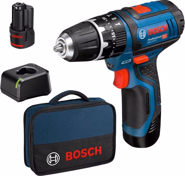 Trapano avvitatore Bosch GSB 12V-15 blu con 2 batterie ricaricabili da 2Ah in valigetta
