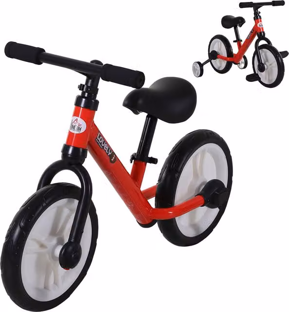 Bici d'equilibrio HOMCOM per bambini da 2-5 anni con rotelle di supporto, pedali e sedile regolabile in altezza, Rosso