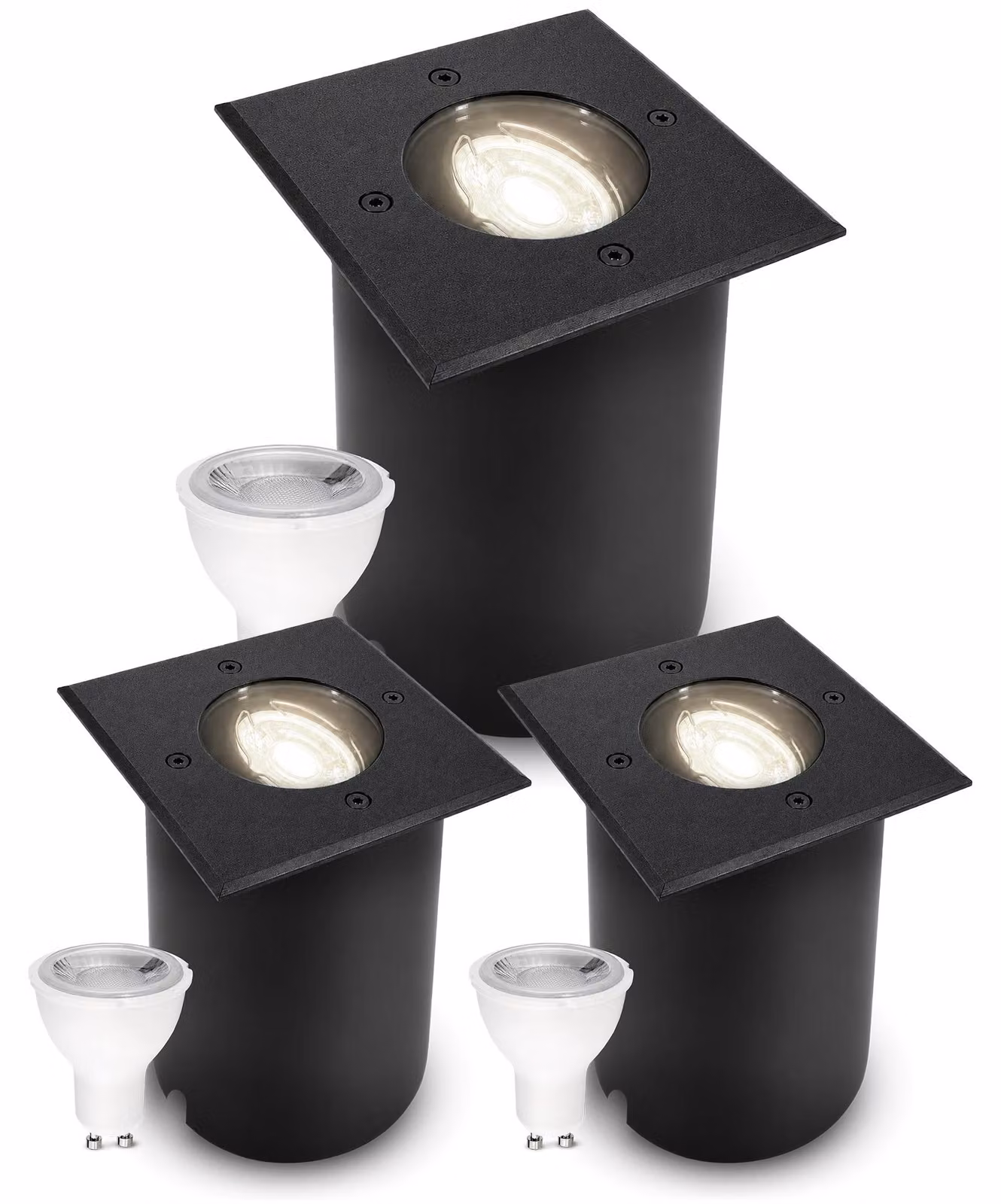 SSC-LUXon 3 pezzi JUAVI luce a terra da incasso per esterno nero quadrato - luce esterna da giardino dimmerabile con GU10 LED bianco neutro 7W