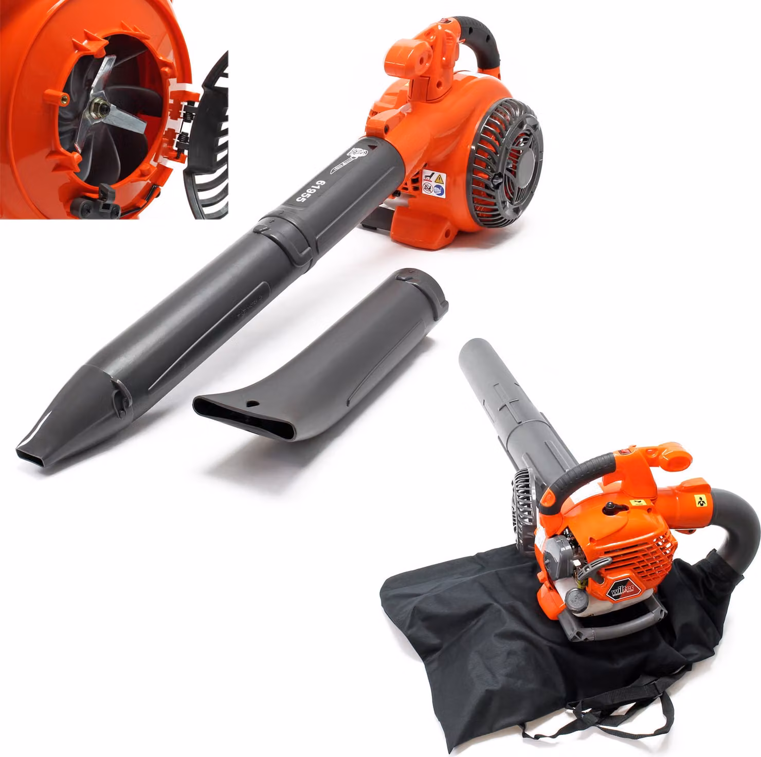 Soffiatore, aspiratore e trituratore di foglie Wiltec 3in1, soffiatore di foglie da 1 HP con 26ccm, aspirafoglie a benzina, trituratore da giardino con sacco di raccolta da 50 l