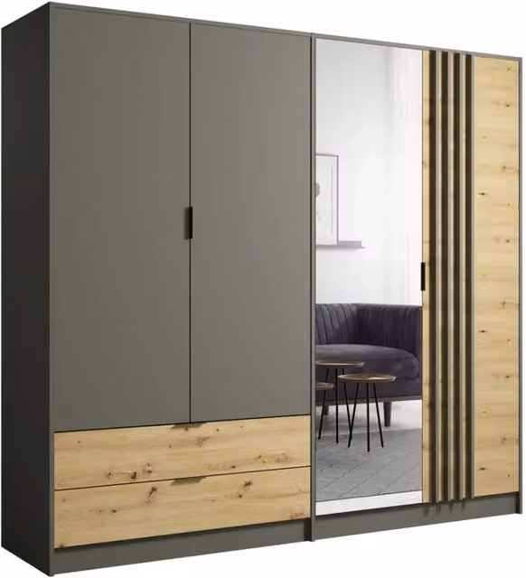 Armadio 220cm con 4 porte e 2 cassetti colore grigio grafite e quercia. Collezione IZO