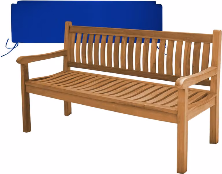 Teakholz Bank Arezzo 150cm Massivholz Wetterfest + Sitzkissen Blau