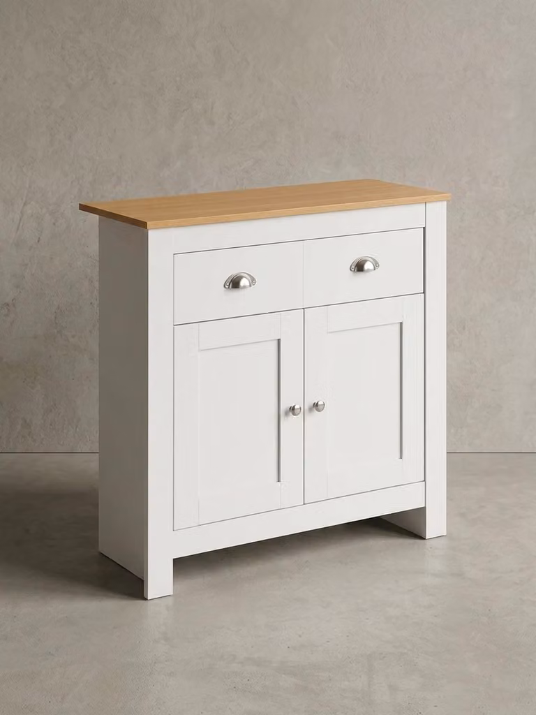 Moderna credenza con 2 cassetti, rovere e bianco, rivestimento in resina melamminica. 79x35x81 cm | Kadima Design