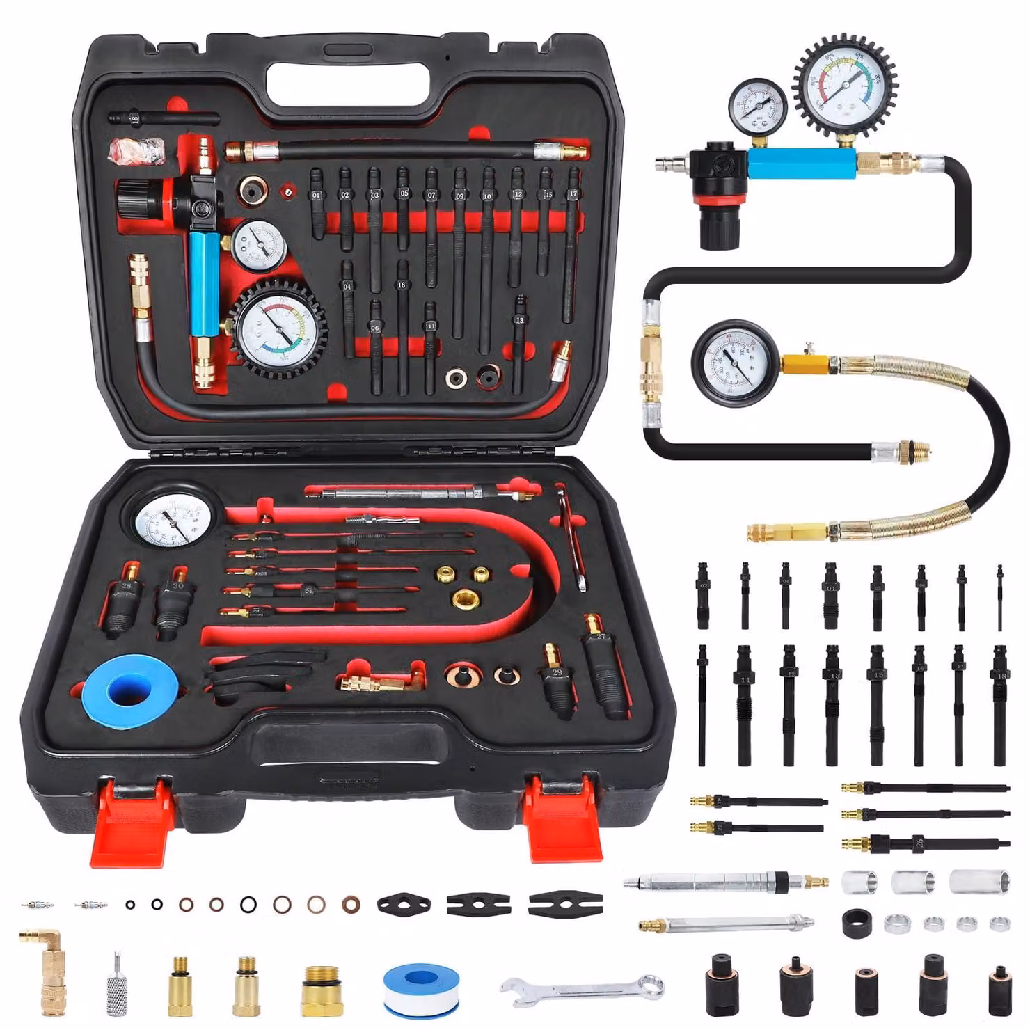 Kit per test di compressione, composto da 46 pezzi, per motori a benzina e diesel