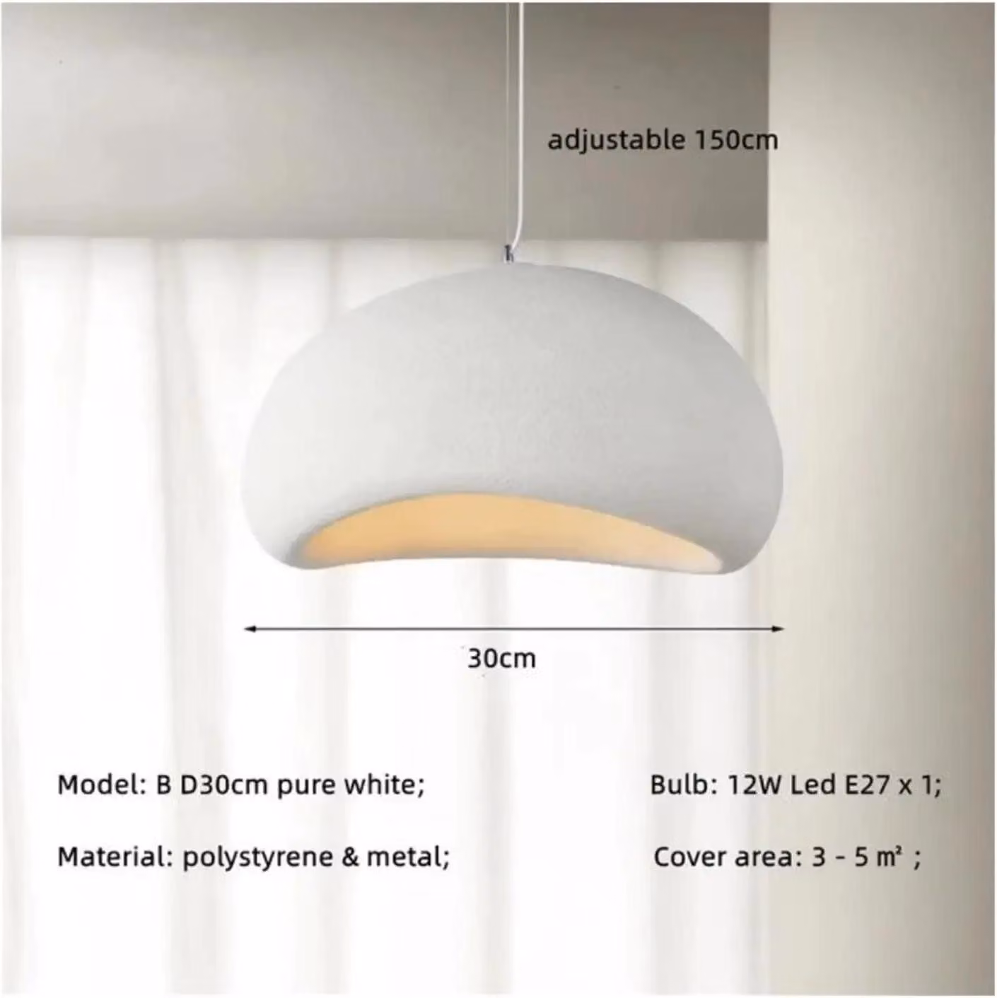 Lampada a sospensione, design elegante in resina, regolabile in altezza, tipo A, 50 cm. Lampadina non inclusa.