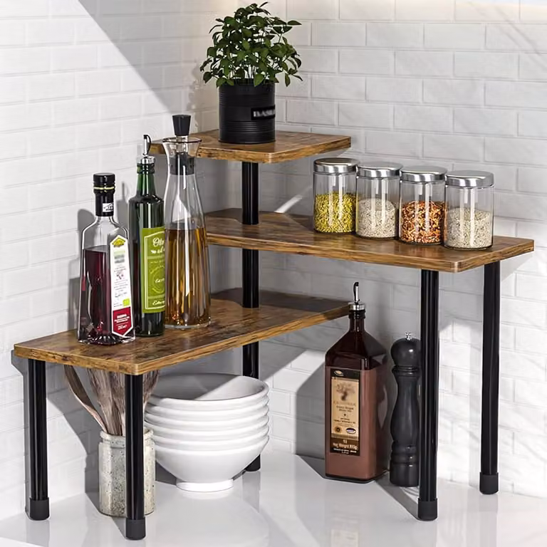 Ripiano organizer per dispensa, cucina, a 3 livelli, regolabile, in legno
