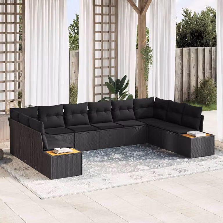 Set Divano da Giardino vidaXL 10 Posti Nero con Cuscini e Tavolino da Caffè in Polyrattan e Acciaio