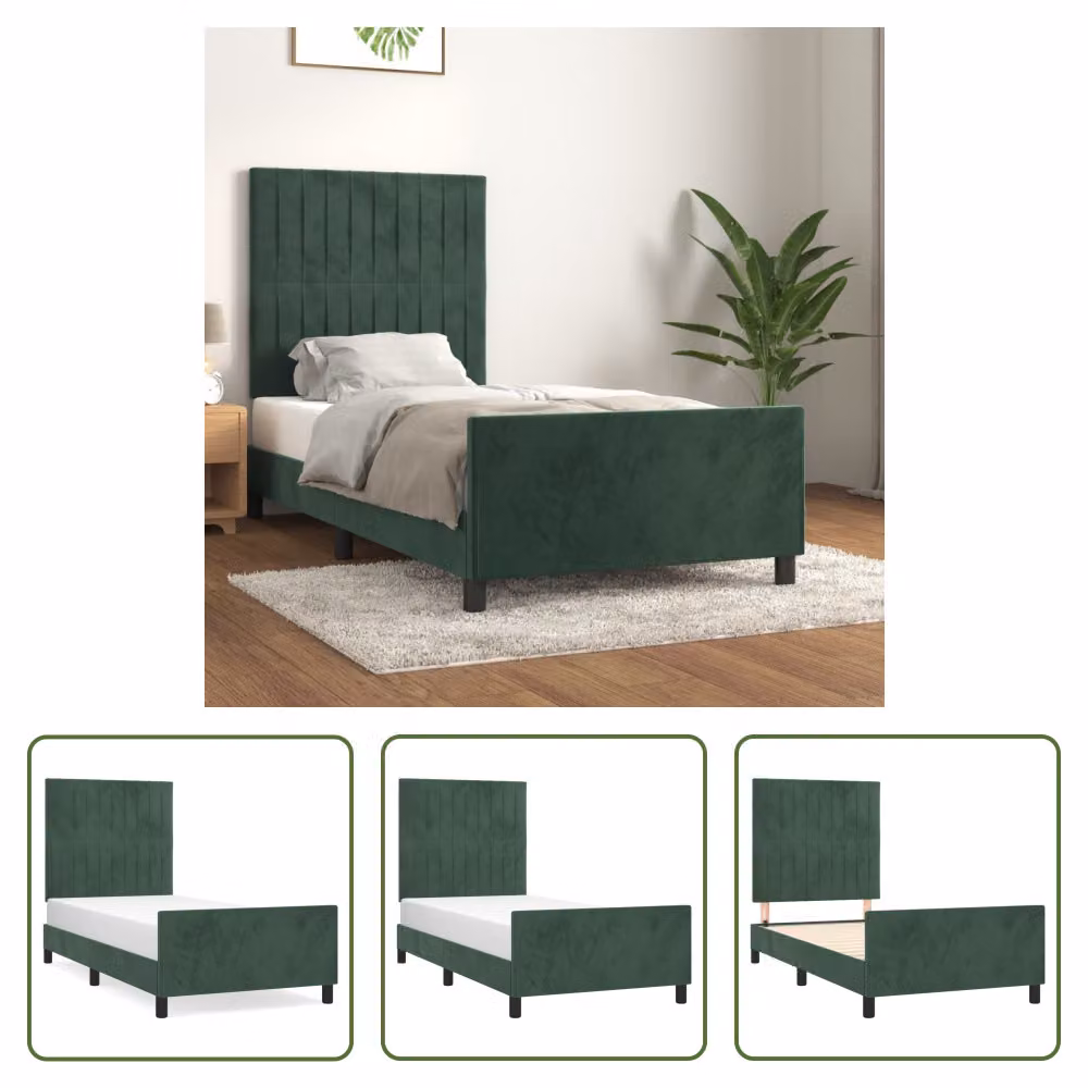The Living Store Struttura letto con testiera in velluto verde scuro 100x200 cm