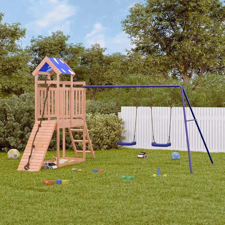 vidaXL Set da Gioco da Esterno in Legno di Douglas con Torre per Bambini, Altalena e Sabbiera, Marrone e Blu, L/P/H: 313 x 248 x 215 cm