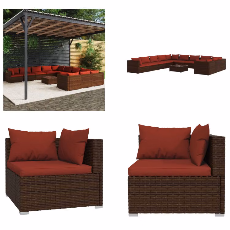 vidaXL 12 pezzi set salotto da giardino con cuscini in rattan marrone - set salotto da giardino - set salotto da giardino - set salotto in rattan