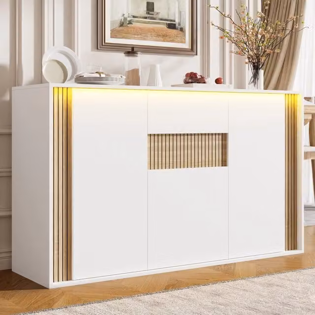 Credenza 140 x 40 x 82 cm; 3 ante; 1 cassetto; per la casa moderna; mobile salvaspazio; design moderno; bianco e effetto legno naturale