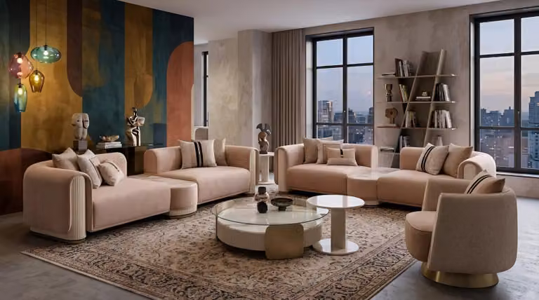 Set per soggiorno di design, composto da divano, tavolino multifunzionale, poltrona e tavolino
